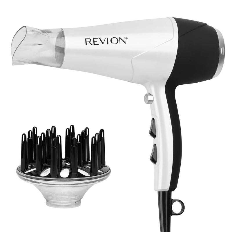 Revlon معزز الحجم، مجفف شعر مع موزع لتعزيز التجعيد | زيادة الحجم، تقليل التجاعيد والأضرار، تجفيف سريع، 1875 واط (أبيض) - Image 1